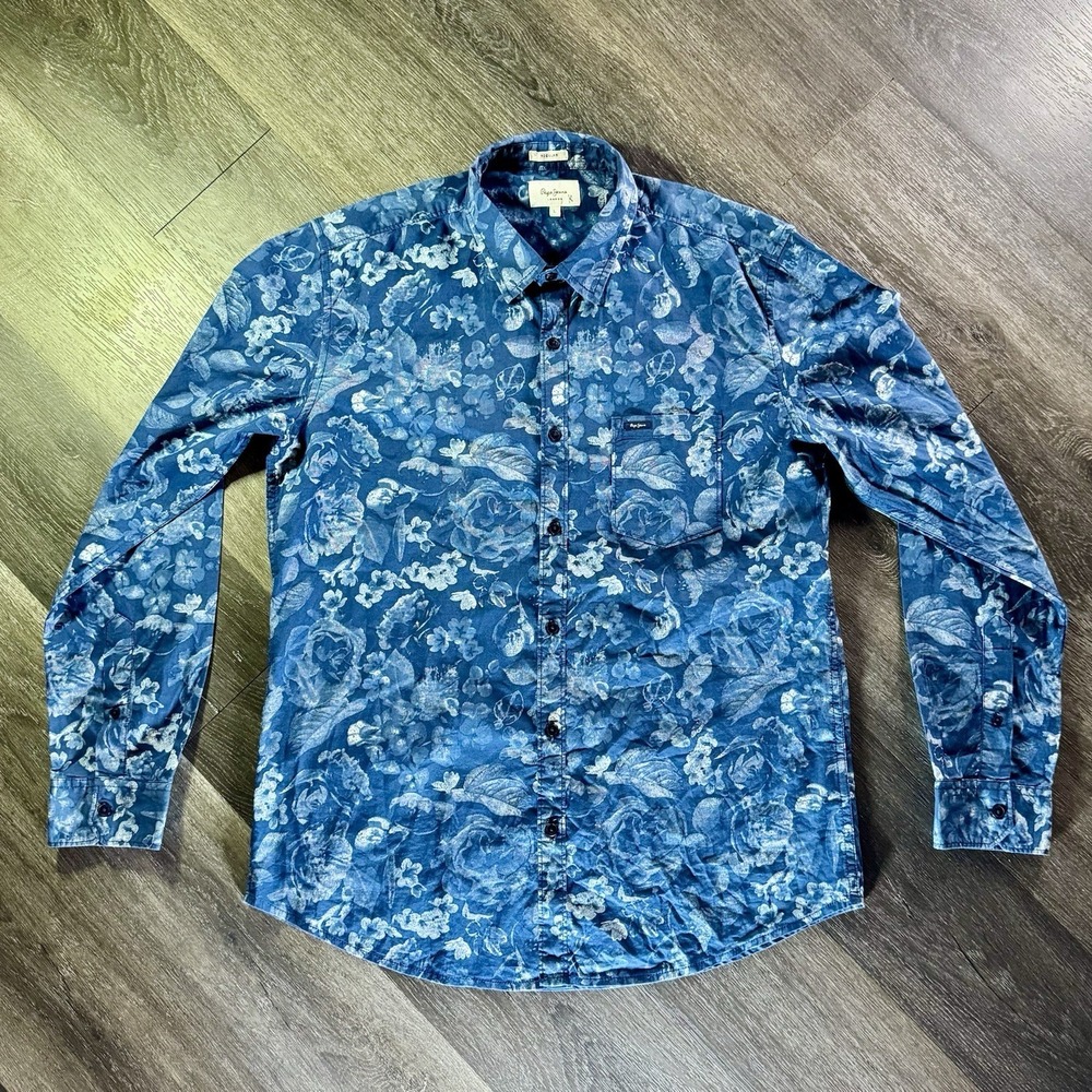 Vintage Pepe Jeans London Button Up Shirt Mens L Blue All Over Flowers 90s Y2K